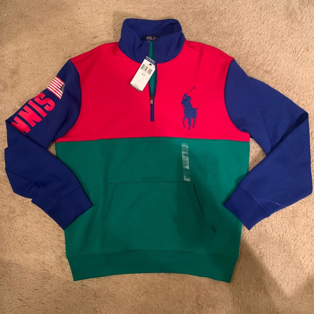 POLO RALPH LAUREN Men's Polo Tennis Colorblock Double Knit 1/4 Zip Sweatshirt